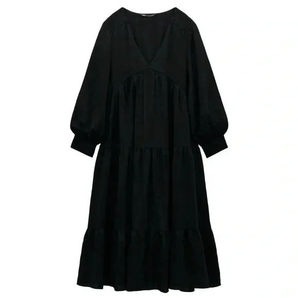 Zara Women Textured Midi Tiered Dress Sz L Black V Neck Boho Relaxed Vacation - Picture 2 of 9